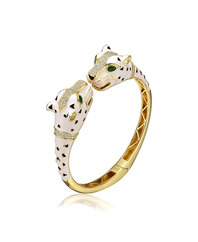 Sterling Silver 14K Gold Plated and Black Cubic Zirconia Panther Swivel Bangle Bracelet