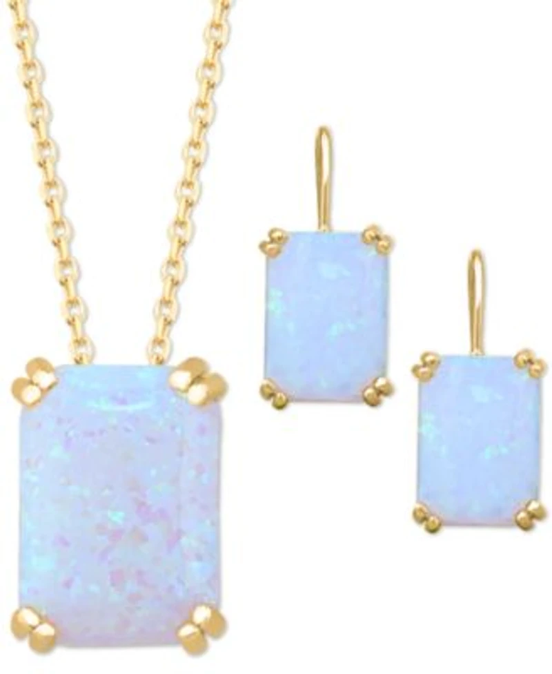Lab Grown Opal Leverback Hoop Earring Solitaire Necklace Jewelry Collection In 14k Gold Plated Sterling Silver
