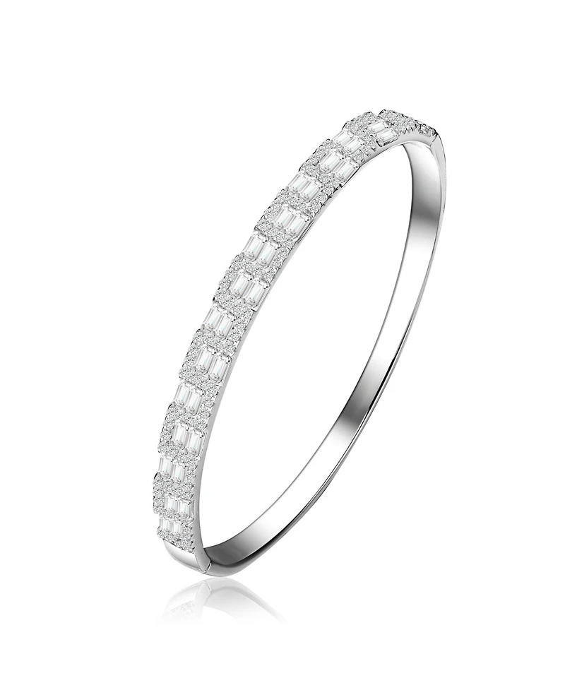Sterling Silver with Rhodium Plated Clear Round and Green Cubic Zirconia Two-Row Accent Bangle Bracelet
