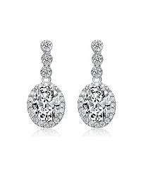 Sterling Silver with Clear Oval and Round Cubic Zirconia Halo Drop Earrings in White Gold Plated or 14K Gold Plated