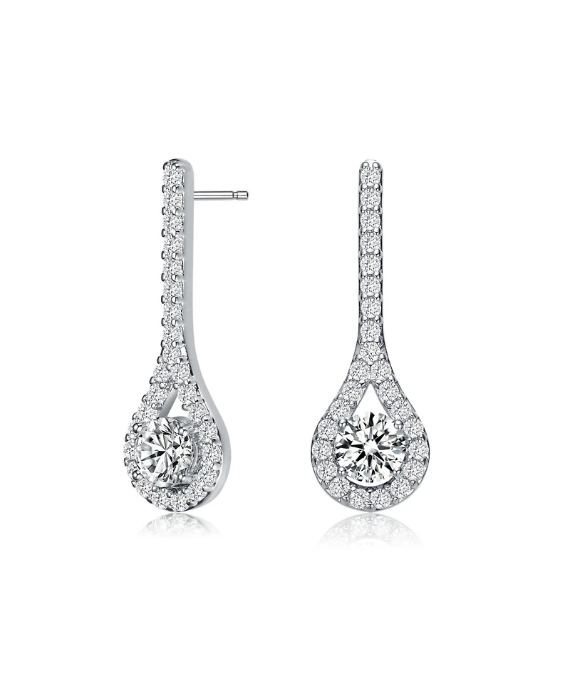Sterling Silver with Rhodium Plated Clear Round Cubic Zirconia Solitaire with Accent Teardrop Earrings