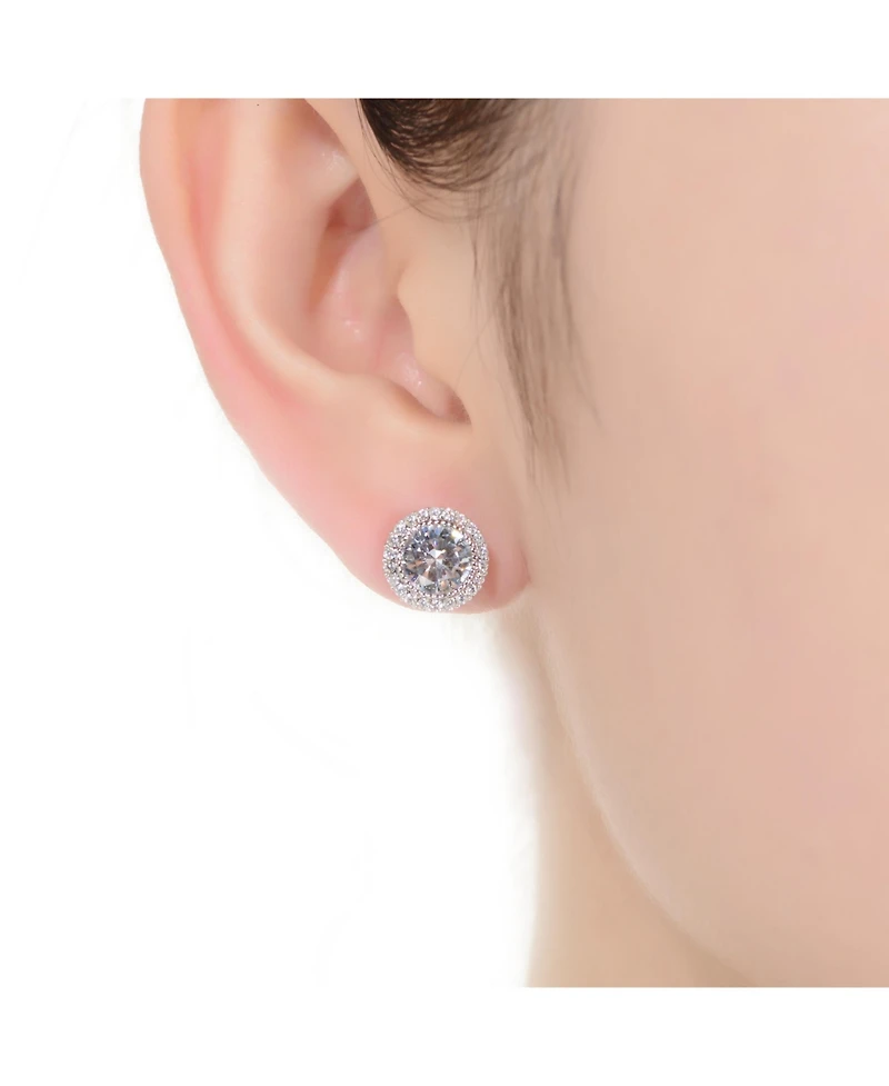 Sterling Silver with Rhodium Plated Clear Round Cubic Zirconia Solitaire Halo Stud Earrings