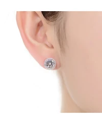 Sterling Silver with Rhodium Plated Clear Round Cubic Zirconia Solitaire Halo Stud Earrings