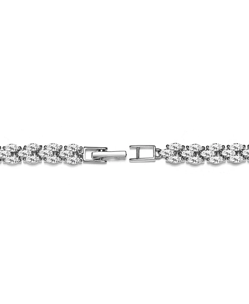Sterling Silver with Rhodium Plated Clear Marquise Cubic Zirconia Three-Row Horizontal Bracelet