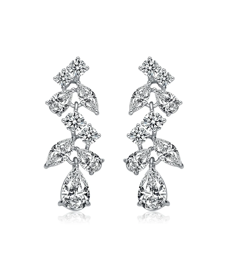 Sterling Silver with Rhodium Plated Clear Pear with Marquise and Round Cubic Zirconia Accent Dangle Earrings