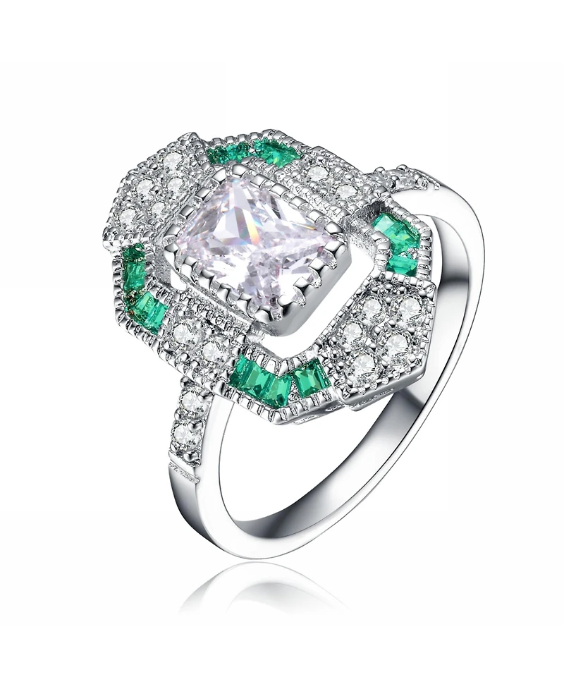 Sterling Silver with Rhodium Plated Radiant Cubic Zirconia Coctail Ring