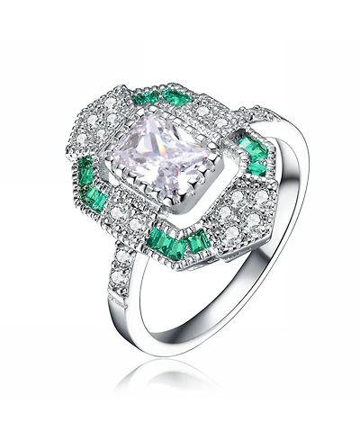 Sterling Silver with Rhodium Plated Radiant Cubic Zirconia Coctail Ring