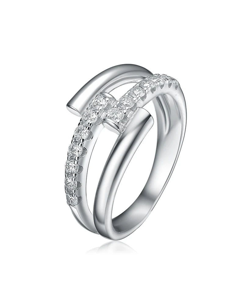 Rhodium-Plated with Cubic Zirconia Criss-Cross Sparkling Arc Ring Sterling Silver