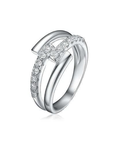 Rhodium-Plated with Cubic Zirconia Criss-Cross Sparkling Arc Ring Sterling Silver
