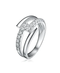 Rhodium-Plated with Cubic Zirconia Criss-Cross Sparkling Arc Ring Sterling Silver