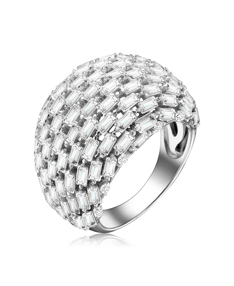 Sterling Silver with Rhodium Plated Clear Green Cubic Zirconia Cluster Dome Ring