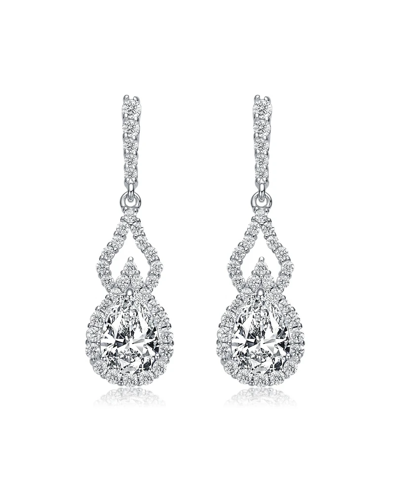 Sterling Silver with Rhodium Plated Clear Pear and Round Cubic Zirconia Halo with Open Pear Drop Earrings