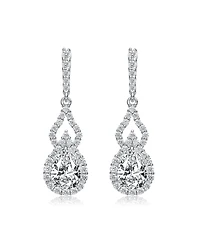Sterling Silver with Rhodium Plated Clear Pear and Round Cubic Zirconia Halo with Open Pear Drop Earrings
