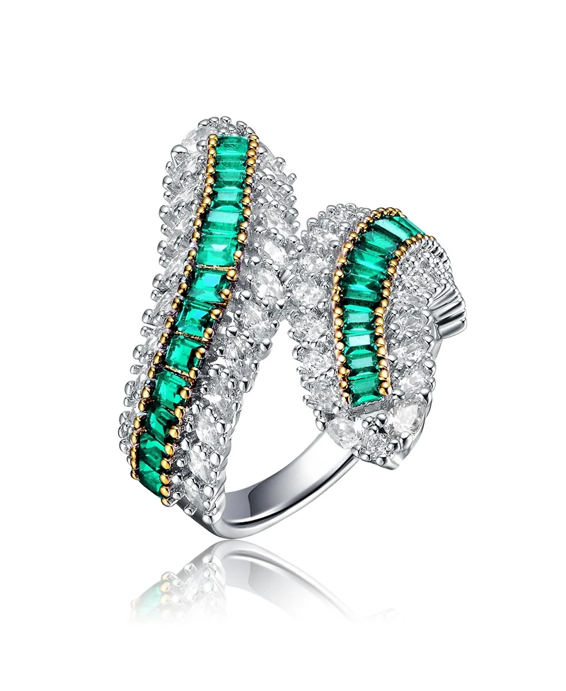 Sterling Silver Rhodium Plated with Green Cubic Zirconia Bypass Ring