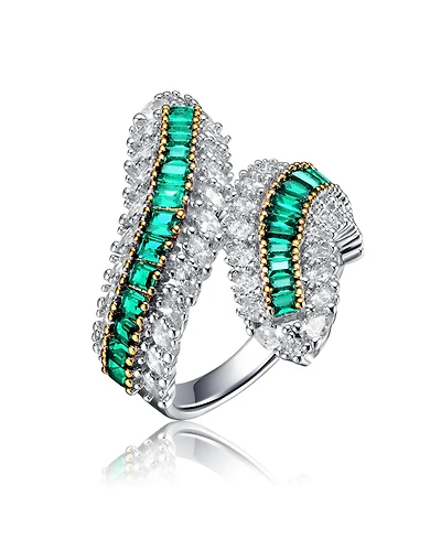 Sterling Silver Rhodium Plated with Green Cubic Zirconia Bypass Ring