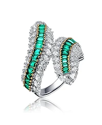Sterling Silver Rhodium Plated with Green Cubic Zirconia Bypass Ring