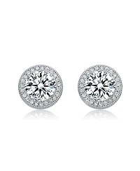 Sterling Silver with Rhodium Plated Clear Round Cubic Zirconia Solitaire Halo Stud Earrings