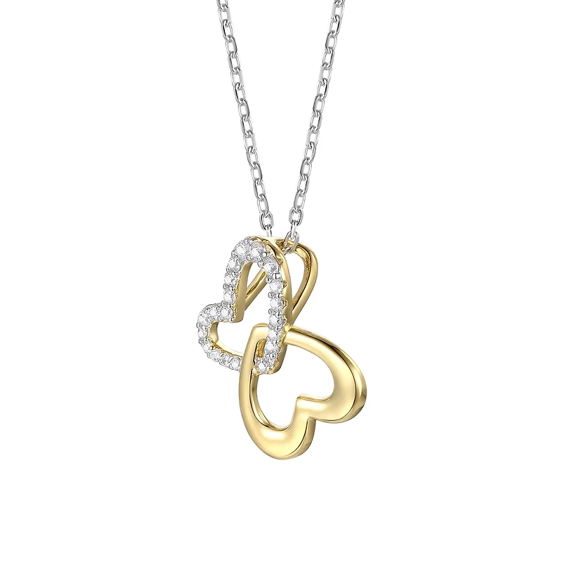 14k Yellow Gold Plated with Cubic Zirconia Double Heart Butterfly Pendant Necklace Sterling Silver