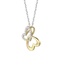 14k Yellow Gold Plated with Cubic Zirconia Double Heart Butterfly Pendant Necklace Sterling Silver