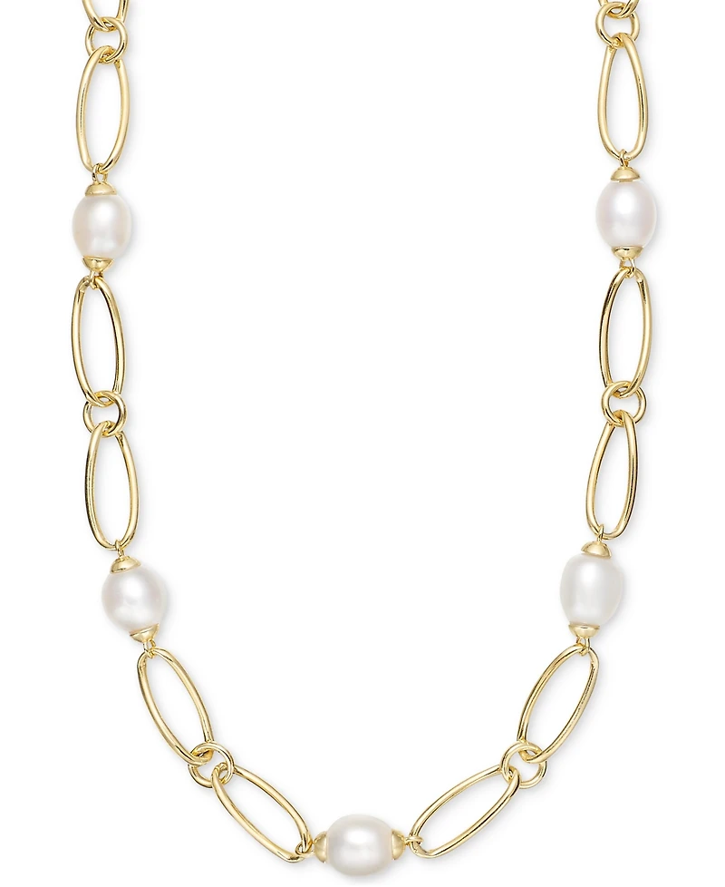 Cultured Freshwater Pearl (9-3/4 x 10-3/4mm) Oval Link 18" Collar Necklace in 14k Gold-Plated Sterling Silver