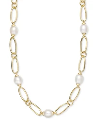 Cultured Freshwater Pearl (9-3/4 x 10-3/4mm) Oval Link 18" Collar Necklace in 14k Gold-Plated Sterling Silver