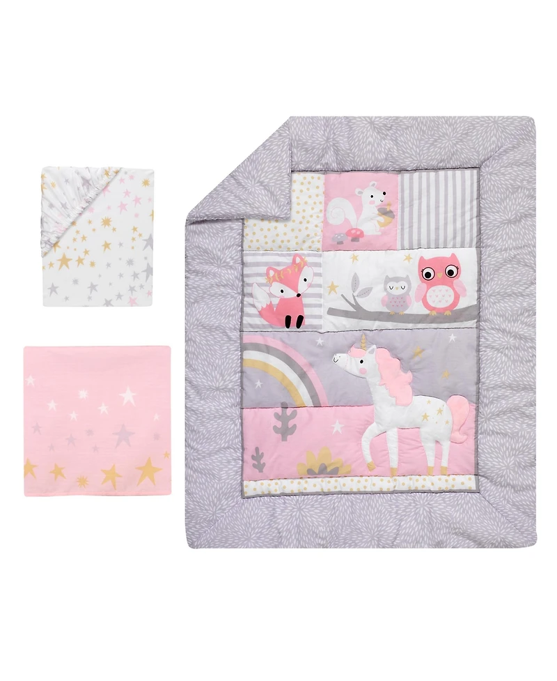 Bedtime Originals Rainbow Unicorn with Fox, Squirrel and Owls Pink/Purple 3-Piece Baby Nursery Crib Bedding Set