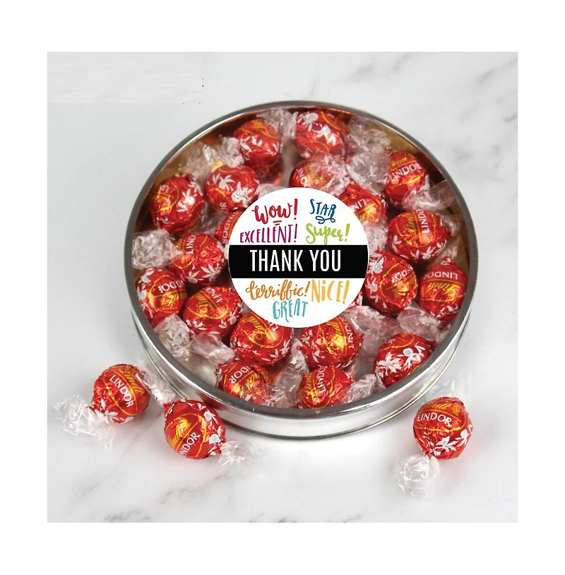 Just Candy Thank You Candy Gift Tin with Milk Chocolate Lindor Truffles by Lindt Large Plastic Tin with Sticker, 24 Pieces