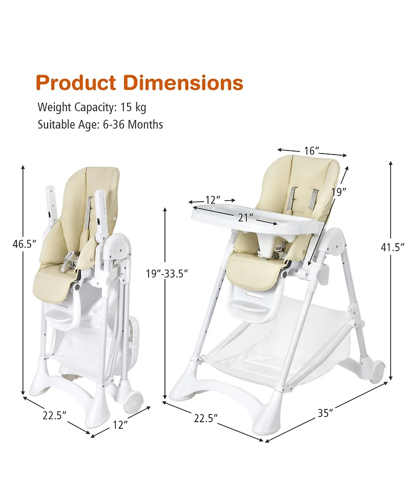Costway Baby Convertible Folding Adjustable High Chair withWheel Tray Storage Basket