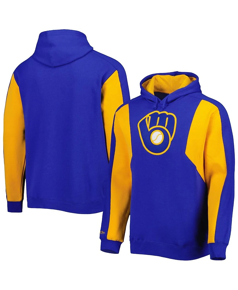 Men's Mitchell & Ness Royal, Gold Milwaukee Brewers Colorblocked Fleece Pullover Hoodie
