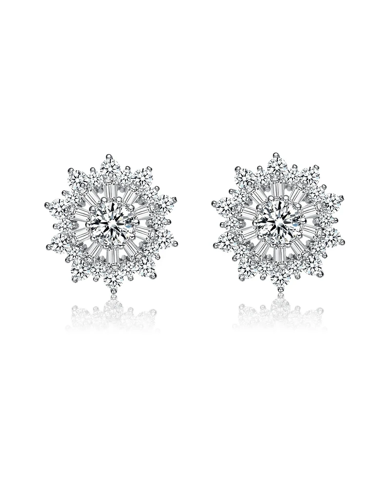 Gv Sterling Silver White Gold Plated Clear Round and Baguette Cubic Zirconia Wreath Stud Earrings