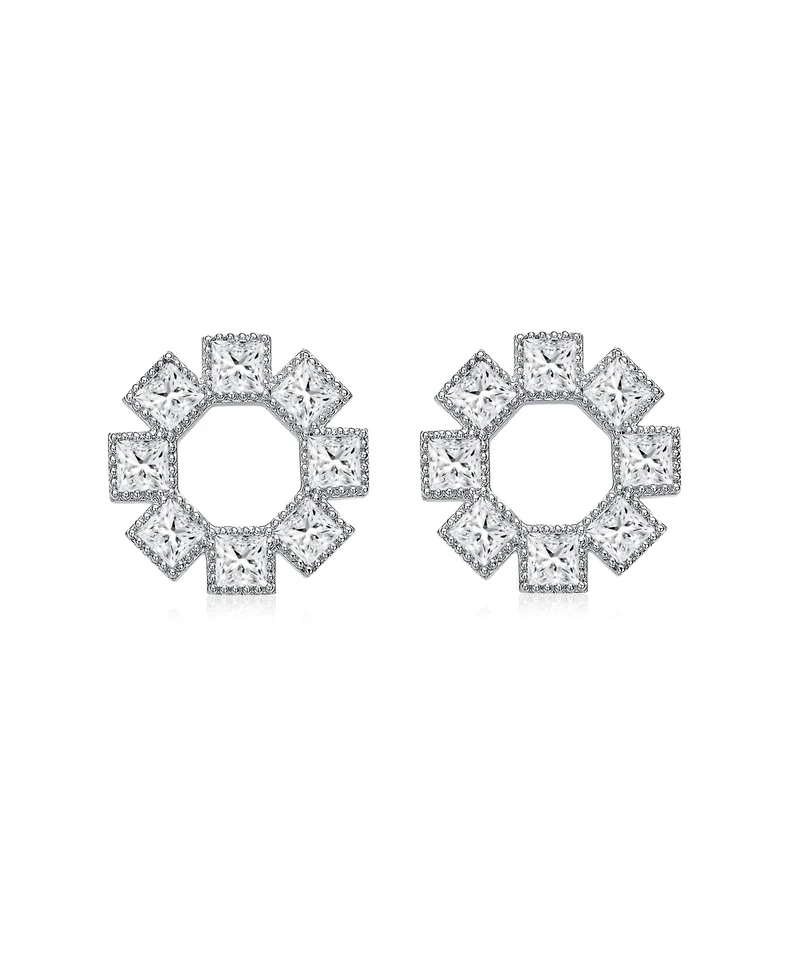 Gv Sterling Silver White Gold Plated Eight Stone Clear Princess Cubic Zirconia Bezel Earrings