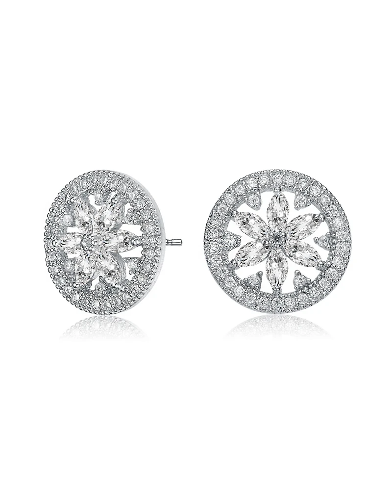 Gv Sterling Silver White Gold Plated Clear Marquise with Round Cubic Zirconia Halo Wreath Earrings