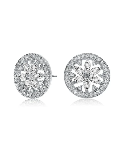 Gv Sterling Silver White Gold Plated Clear Marquise with Round Cubic Zirconia Halo Wreath Earrings