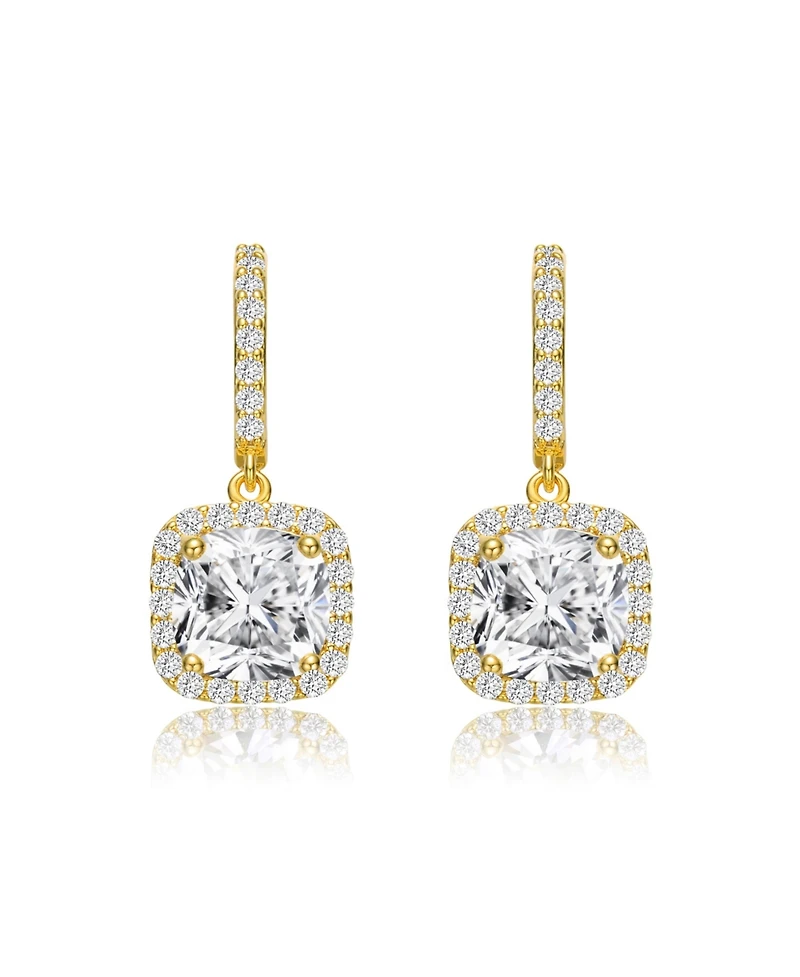 Gv Sterling Silver with 14K Gold Plated Clear Cushion with Round Cubic Zirconia Halo Drop Earrings