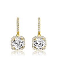 Gv Sterling Silver with 14K Gold Plated Clear Cushion with Round Cubic Zirconia Halo Drop Earrings