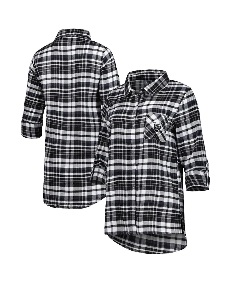 Women's Concepts Sport Black, Silver Las Vegas Raiders Mainstay Flannel Full-Button Long Sleeve Nightshirt