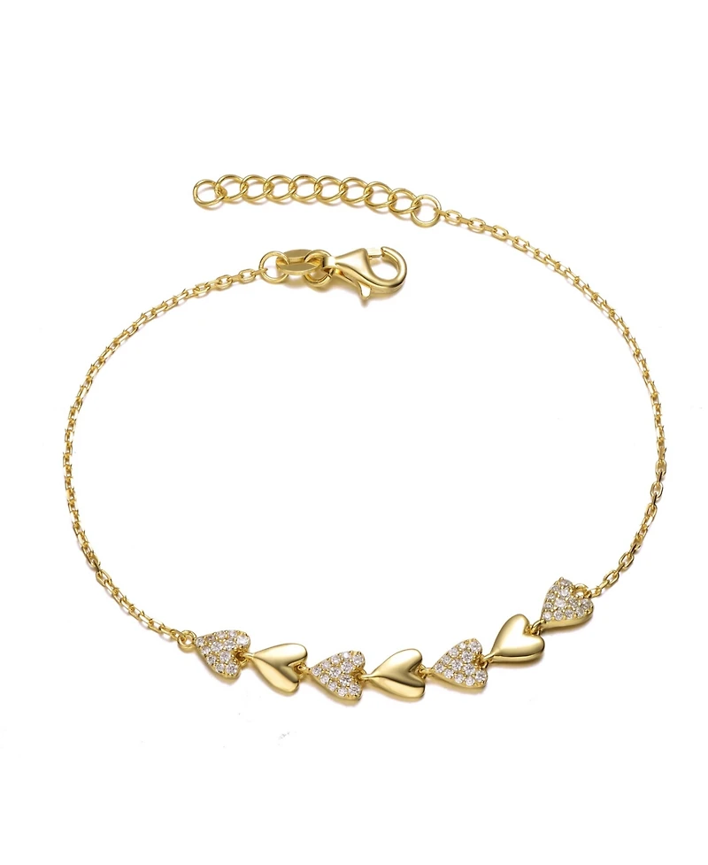Sterling Silver 14k Yellow Gold Plated with Cubic Zirconia Thin Pave Heart Stampato Link Bracelet