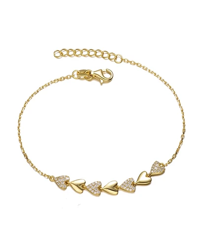 Sterling Silver 14k Yellow Gold Plated with Cubic Zirconia Thin Pave Heart Stampato Link Bracelet