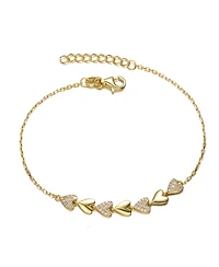 Sterling Silver 14k Yellow Gold Plated with Cubic Zirconia Thin Pave Heart Stampato Link Bracelet