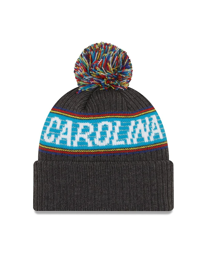 Men's New Era Heather Charcoal Carolina Panthers 2022 Greg Olsen x Atrium Health Levine Children's Hospital Pom Knit Hat