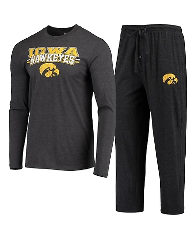 Men's Concepts Sport Black and Heathered Charcoal Iowa Hawkeyes Meter Long Sleeve T-shirt and Pants Sleep Set