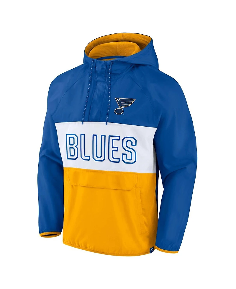 Men's Fanatics Blue, Gold St. Louis Blues Backhand Shooter Defender Anorak Raglan Hoodie Quarter-Zip Jacket
