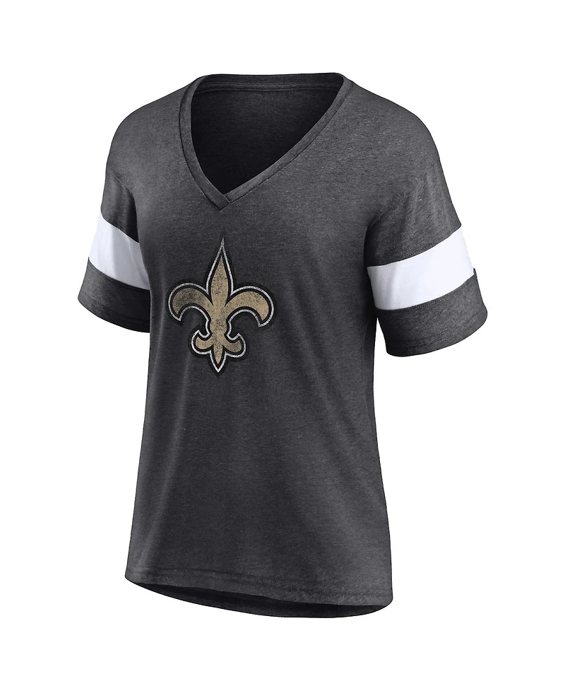 Women's Fanatics Heathered Charcoal, White New Orleans Saints Distressed Team Tri-Blend V-Neck T-shirt