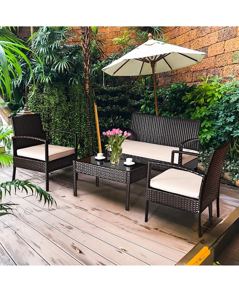 4PCS Patio Rattan Conversation Furniture Set Cushioned Seat