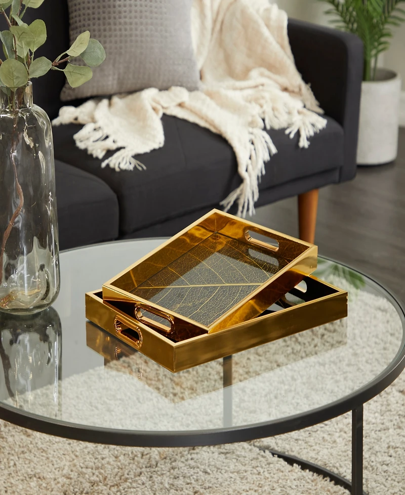 Rosemary Lane Plastic Geometric Tray with Black Glass, Set of 2, 16", 14" W