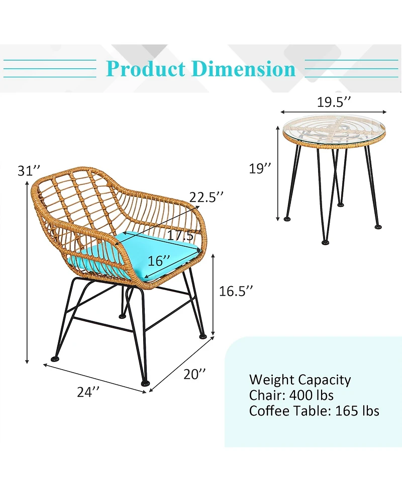 3PCS Patio Rattan Bistro Furniture Set Cushioned Chair Table