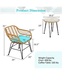 3PCS Patio Rattan Bistro Furniture Set Cushioned Chair Table