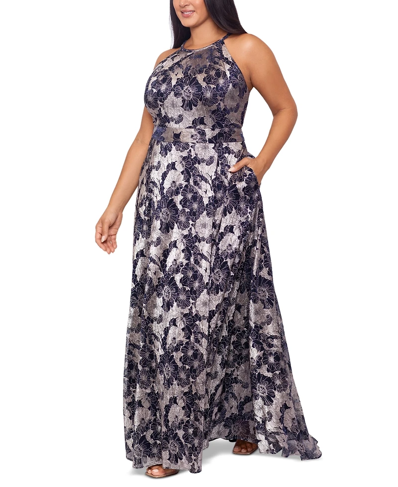Betsy & Adam Plus Size Floral Foil Print Halter-Neck Gown