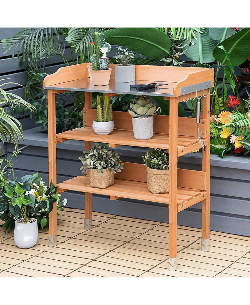 Garden Wooden Potting Bench Work Station Table Tool Storage Shelf W/Hook