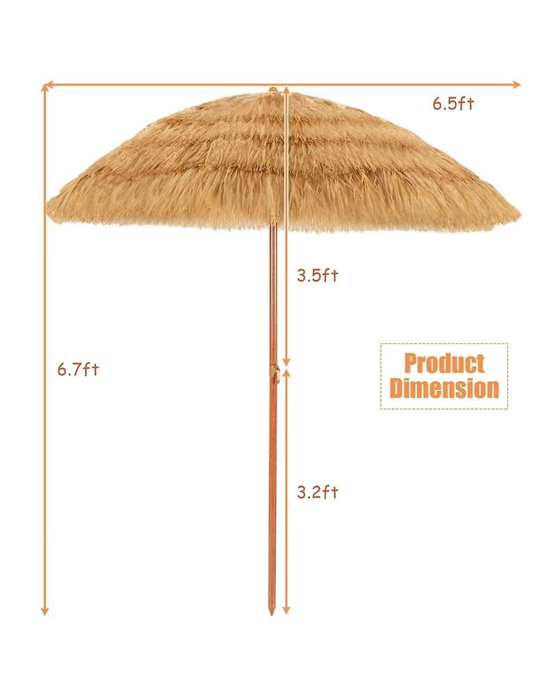 6.5 Ft Thatched Beach Umbrella Tilt Tiki Hawaiian Patio Portable